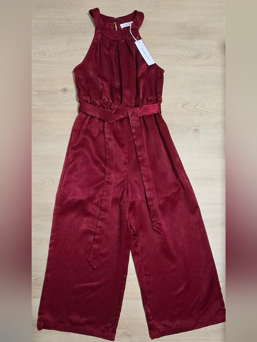 NWT GILLI Burgundy Satin Halter Neck Tie Waist Wide Leg Jumpsuit/Romper Size S.